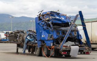 Dented blue truck cab and a semi-trailer on a tow platform in the parking lot after a serious accident.